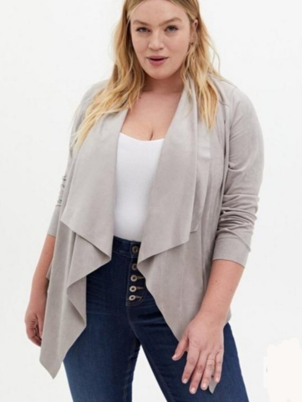 Torrid Sz 2 2X Heather Gray Faux Suede Suedette Draped Waterfall Open Cardigan